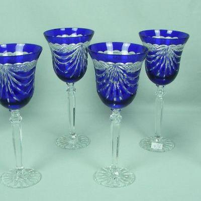 Six cobalt overlay crystal wine glasses