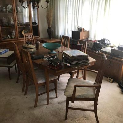 DANISH TEAK MCM DINING SET - TABLE 2 ARM CHAIRS 4 SIDE CHAIRS PLUS BUFFET CHINA CABINET. TABLE/CHAIRS WILL NEED SOME REFINISH - BUY IT...