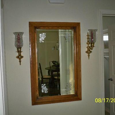 Wood Framed Etched Mirror ; Pair of Brass Wall Sconces with Crackle Glass Shades
