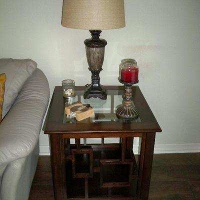 Wood Glass Top Insert End Table (#2) , Bronze and Marble Style Table Lamp (#2)