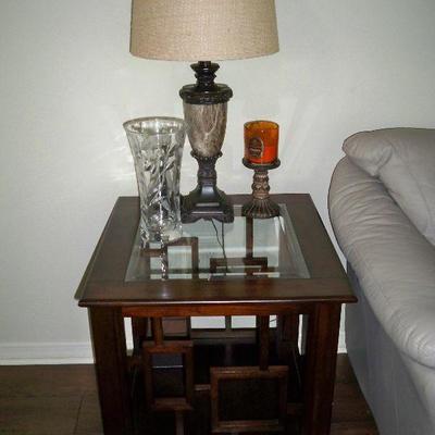 Wood with Glass Top Insert End Table (1 of 2) ; Bronze and Marble Style Table Lamp(1 of 2).