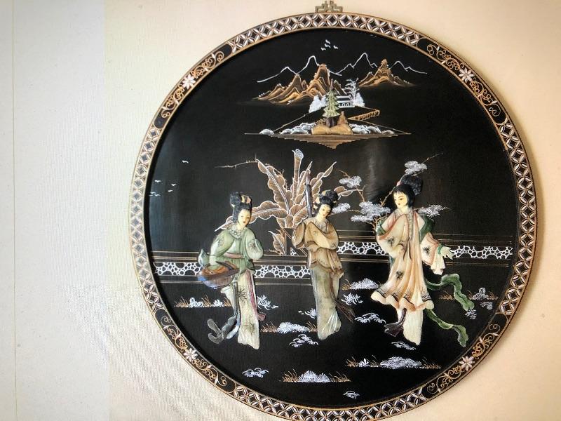 Stunning Chinese Lacquer Vintage inlay hanging plaque!