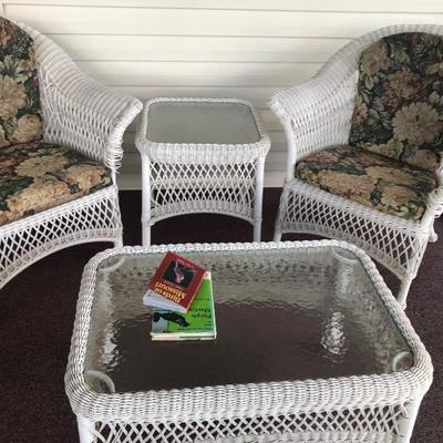 Wicker chairs 25.00 each. Coffee table 25.00 end table 20.00