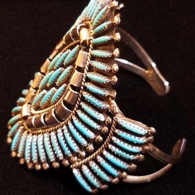 Native American Zuni Needlepoint Cuff Bracelet in Sterling  & Turquoise
