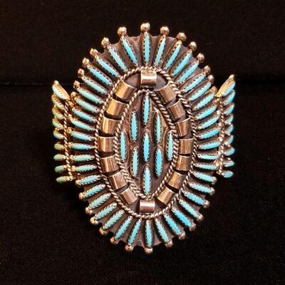 Native American Zuni Needlepoint Cuff Bracelet in Sterling  & Turquoise