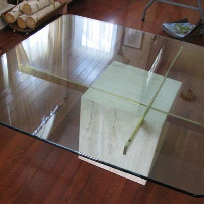 large off center glass top coffee table with marble base.       
               BUY IT NOW $ 265.00