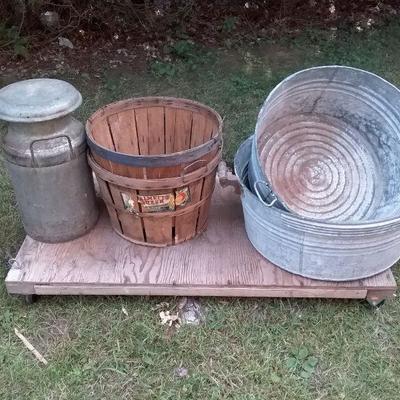 Flat Pull Cart, Two Metal Wash Basins, Two Apple Baskets, and a Milk Container