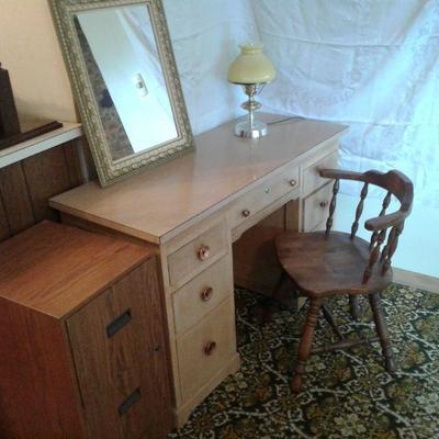 Mid-Century Modern Desk, File Cabinet, Mirror, Chair & Lamp