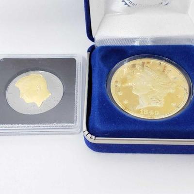 #288 â€¢ 1849 24k Pure Gold Clad Bronze $20 Liberty Proof And Gold Layered Kennedy Half Dollar