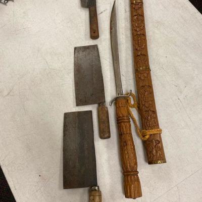 #734 â€¢ 2 Antique Chinese Cleavers, Sword and another Cleaver