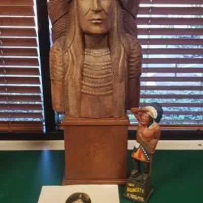 570	
Hopi Matron Photograph, Old Honest Cigar Bank, And Wooden Indian Bust
Old Honesty Bank Measures Approx 3.5