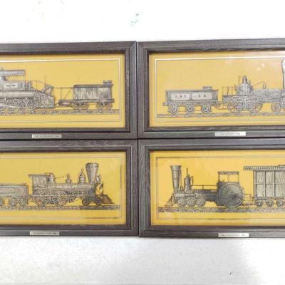 #682 â€¢ 4 Sterling Silver Franklin Vintage Locomotive Framed Art