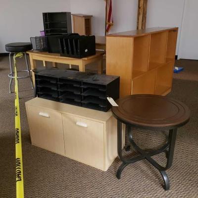 #15514 â€¢ 2 Desks, 3 Stools, Cabinet, Cubbies, And More
