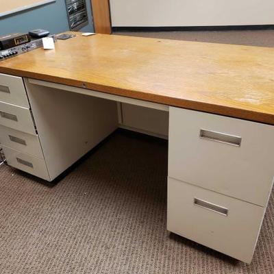 #28110 â€¢ Wooden Top Desk with 6 Metal Drawers