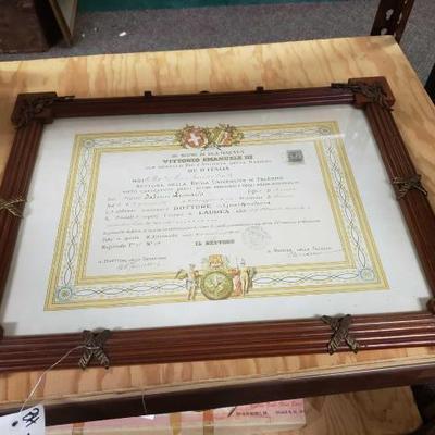 921 Ornate Wood Italian Frame with the University of Palermo Italy Graduate Degree signed
