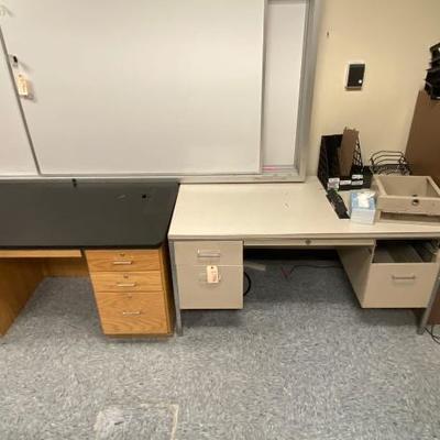 #27906 â€¢ Wooden Desk, Metal Desk and Metal Filing Cabinet