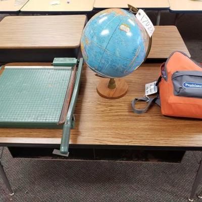 #17023 â€¢ Paper Cutter, Globe, And Emergency Supplies Bag. Desk Not Included