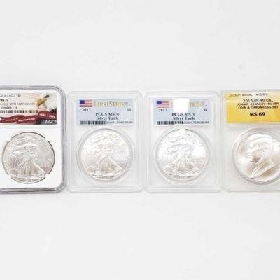 #248 â€¢ 2 2017 Walking Liberty Silver Dollars, 2 2016 Walking Liverty Silver Dollars, 2015-P Medal Kennedy Silver Coin and 2016...