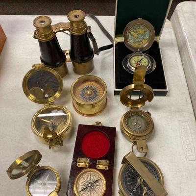 Lot # 722: 7 Compasses, Pair of Binoculars. Some vintage and antique
