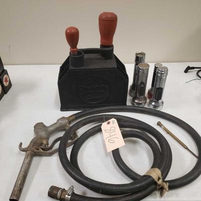 
#846 â€¢ Vintage Gas Pump Nozzle, Prest O Lite Battery Service Kit, Tire Pressure Gauge and Flashlights