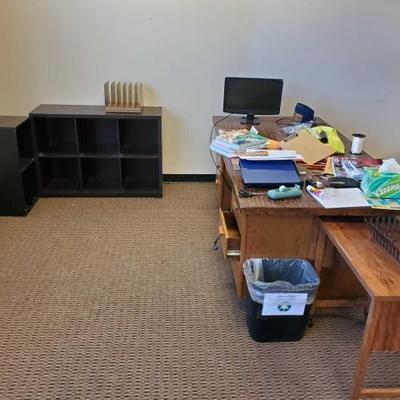 #27210 â€¢ Wooden Desk, Side Table, Cabinets, Monitor and More
