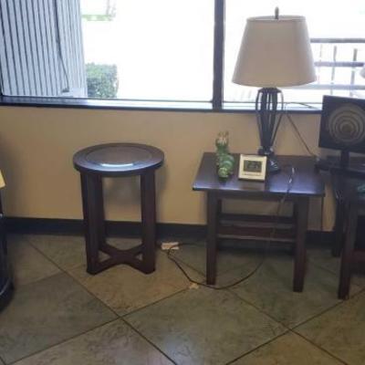 #16400 â€¢ 3 End Tables, 2 Lamps, wall Cabinet, And More