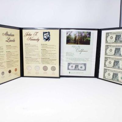 
#284 â€¢ Lincoln Coins And Kennedy Coins Collector Book And California Commemorative $1 Dollar Bill Book