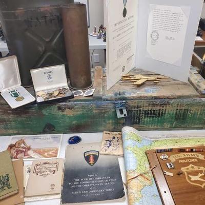 654	
1942 War Ration Books, Metal Jerry Can, Aeronautical Plannimg Chart and More
Also includes military medals, Army somg book, Rhymes...