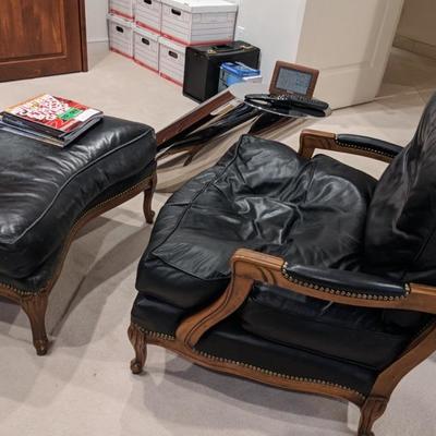 black leather and wood chair with matching ottoman
$225