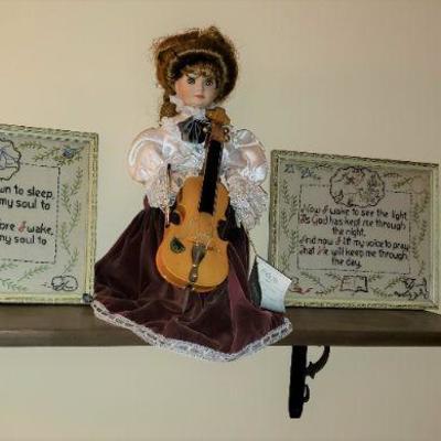 Framed Handiwork and Vintage Doll
