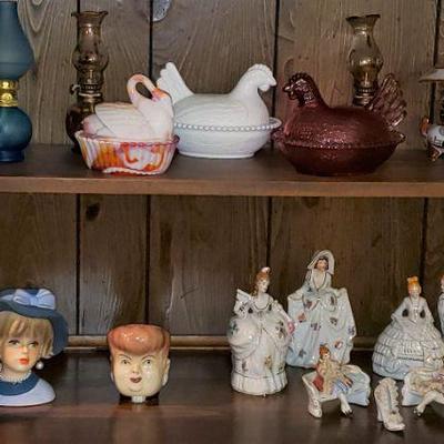 Slag Glass Swan on a basket/nest, Milk Glass and Cranberry Glass Chicken on a basket/nest. Head Vases. Vintage Figurines