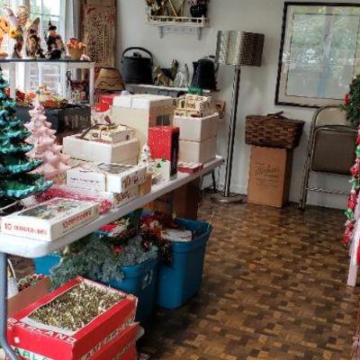 Vintage Christmas ornaments & Decorations. 3 Ceramic Trees: Large Green, Medium Pink and Small White with funky homemade base.