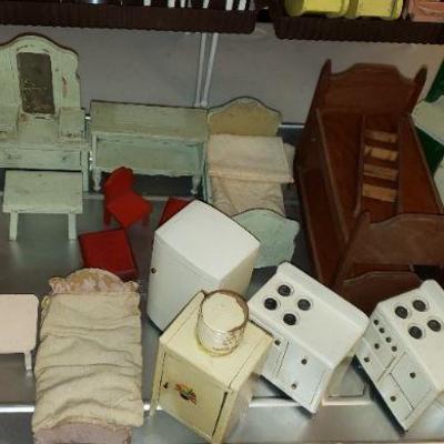 Dollhouse Furniture: Vintage Wood: Strombecker-marked and unmarked, some with Marshall Field original price tags, Germany, some unmarked....