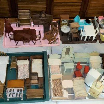 Dollhouse Furniture: Vintage Wood: Strombecker-marked and unmarked, some with Marshall Field original price tags, Germany, some unmarked....