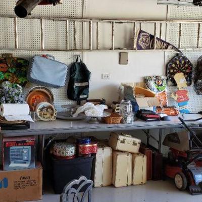 Empire Brand Luggage 1950s/ Luggage, Electronic Dart Board, Virtual Reality Golf Game, Cookie Tins, Extension Ladder, Space heaters