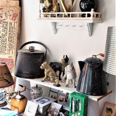 Cast Iron Dogs, Vintage Graniteware Large Coffee Pot, Vintage Shoe Shine Kit