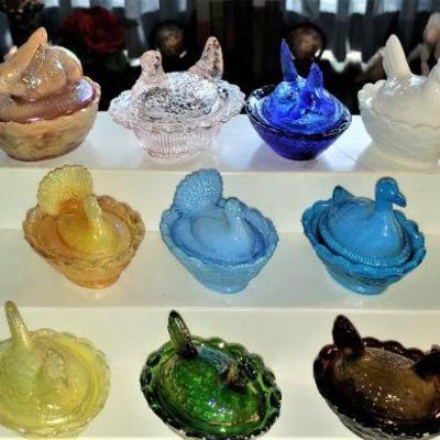 Bode Glass Co Vintage Individual Covered Salts. Duck, Turkey, Lamb, Chickens, on a nest and/or Chickens on a basket.