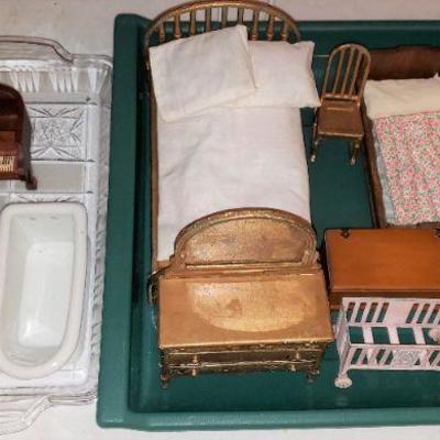 Dollhouse Furniture: Vintage Wood: Strombecker-marked and unmarked, some with Marshall Field original price tags, Germany, some unmarked....