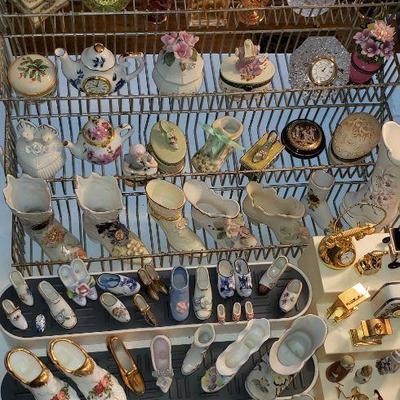 Vintage Porcelain & Glass Shoe Collection: Lefton, Fenton, Tara, Elfinware, Occupied Japan, Lego, Enesco, Sphinx, Nippin, Limoges,...