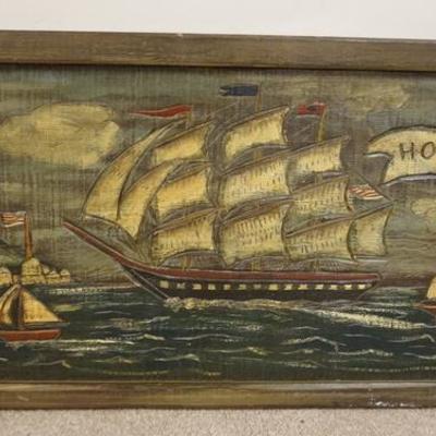 1131	CARVED WOODEN PLAQUE * HOME PORT*, FEATURES SAILING SHIP, LIGHTHOUSE, & AMERICAN FLAG
