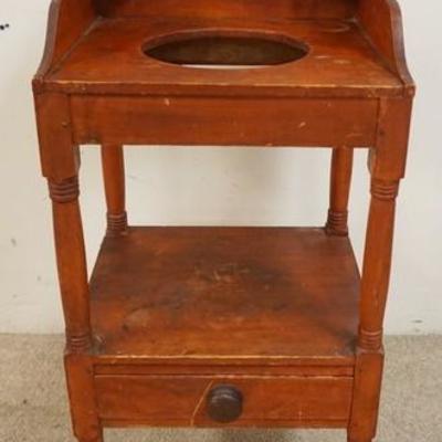 1109	EARLY WATER BOWL & PITCHER STAND W/ONE DRAWER & ORIGINAL RED WASH W/SCROLLED TOP SIDES
