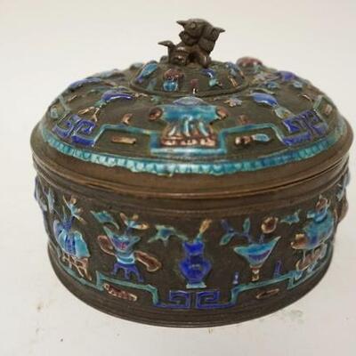 1195	ENAMELED ASIAN BOX W/RELIEF DECORATION, INSIDE & BASE ARE TURQUOISE BLUE

