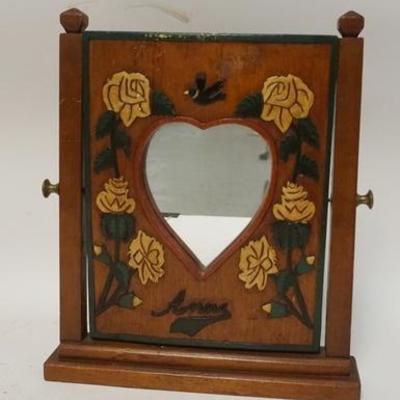 1048	CARVED & PAINTED FOLK ART HEART SHAPED MIRROR, 12 1/2 IN WIDE X 14 3/4 IN HIGH, PERSONALIZED TO ANNE
