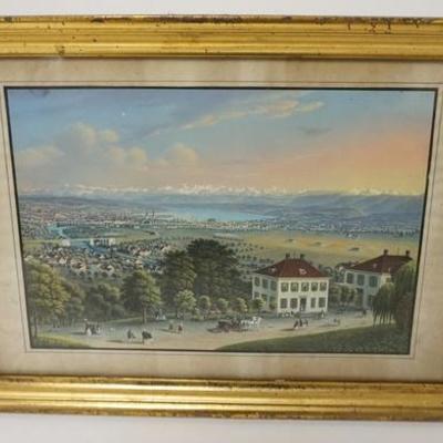 1089	COLORED PRINT OF A 19TH CENTURY TOWN IN A GILT FRAME, 15 1/2 IN X 11 3/8 IN OVERALL
