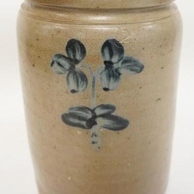 1058	BLUE DECORATED STONEWARE JAR, DECORATED IN 3 PLACES, 12 IN HIGH, 8 IN TOP DIAMETER
