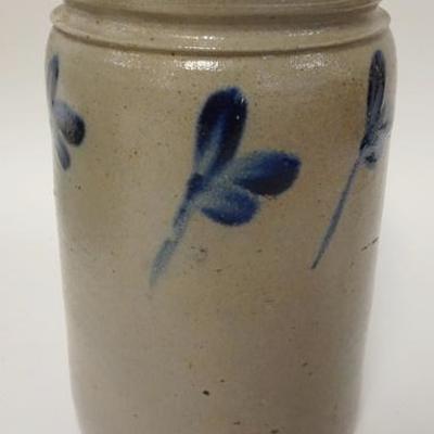 1063	SMALL BLUE DECORATED STONEWARE JAR, DECORATED ALL AROUND, 8 3/4 IN HIGH, 5 1/4 IN TOP DIAMETER
