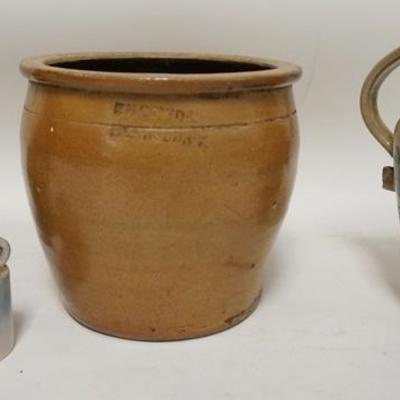 1091	4 PIECES STONEWARE W/F H COWDEN CROCK ALSO INCISED & BLUE PITCHER, MINI ADVERTISING JUG, & A SMALL BLUE GLAZED JUG
