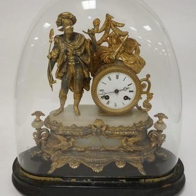 1105	VICTORIAN FIGURAL CLOCK UNDER GLASS DOME, TOTAL HEIGHT 16 1/2 IN, 14 IN WIDE
