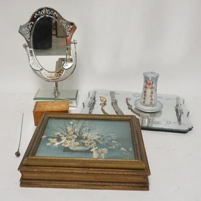 1249	DRESSER ITEM LOT, MIRROR, TRAY, HAT PIN, HAT PIN HOLDER, JEWELRY BOX, ETC
