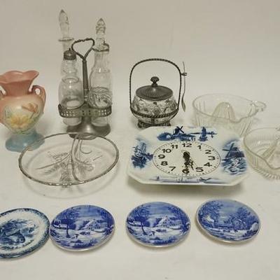 1251	LOT OF GLASS & CHINA INCLUDES HULL VASE, GERMAN DELFT CLOCK, SILVER OVERLAY, ETC
